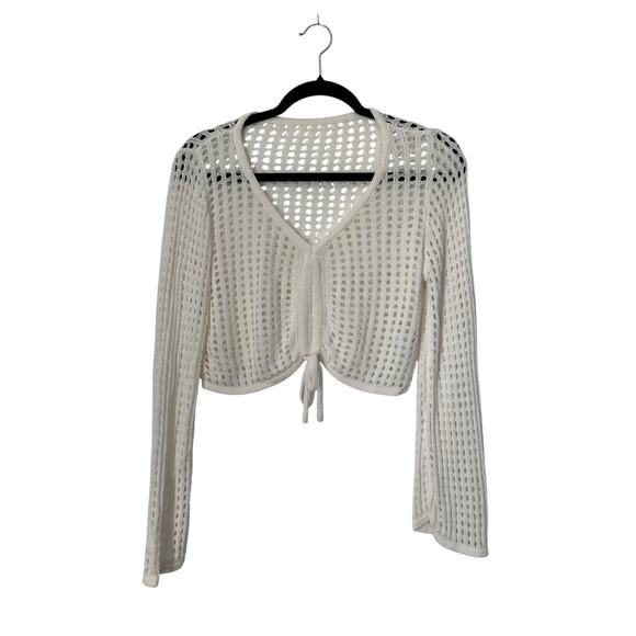 Womens Crop Top Size S White Open Knit Bell Sleeve Cinched Boho Festival Hippie - Picture 1 of 8